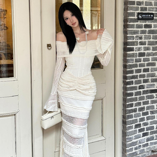 Long flared sleeve off shoulder lace ruffle maxi dress