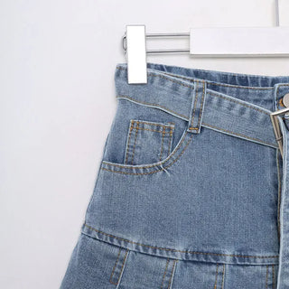 Belted denim pleated skirt