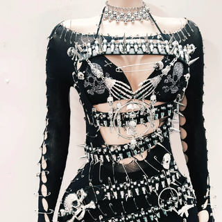 Off shoulder skull applique hollow out cut out mini dress