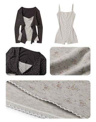 [NECY] Fog Grey Floral Fake Knot Top & Suspender Jumpsuit