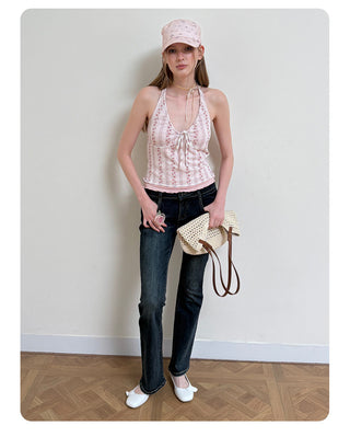 [NECY] Pink Blossom Strap Halterneck Top