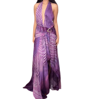 Gradient halter slit mesh maxi dress