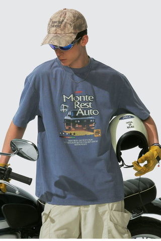 [Monterest] Washed Cotton Racing Print T-Shirt