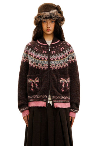 [Moromoro2] Fair Isle Bow Pocket Retro Collar  Cardigan