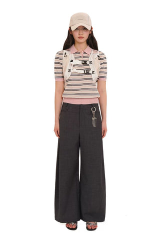 [Moromoro2] Tencel Linen Blend Striped Polo Knit  Top