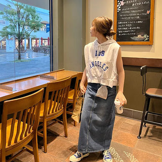 Washed denim long skirt