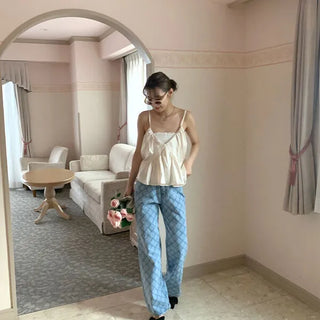Patterned high-waisted denim pants