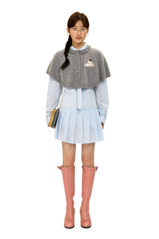 [Moromoro2] Crinkle Tie-Neck Pleated Shirt  Dress