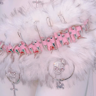 Fluffy o ring skull applique lace hem self tie mini skirt set