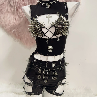 High neck rivet skull applique PU leather short pant set