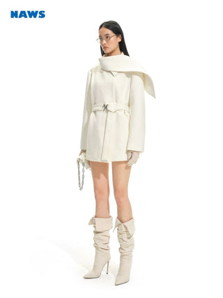 [NOTAWEAR] Wool Blend Belted Coat with  Scarf