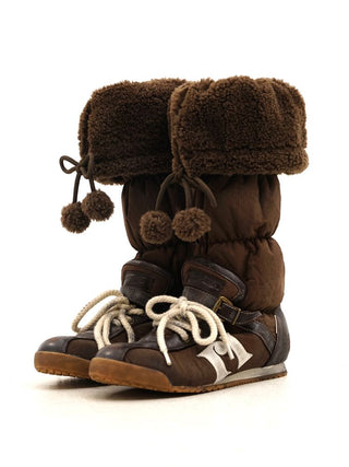 [Moromoro2] Furry Ball Patchwork Leather Boxing  Boots