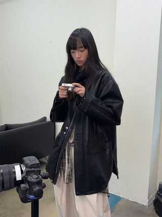 [NeverSeez] Padded PU Leather Trench Coat