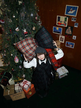 [Moromoro2] Wool Plaid Pleated Bow Vest  Dress