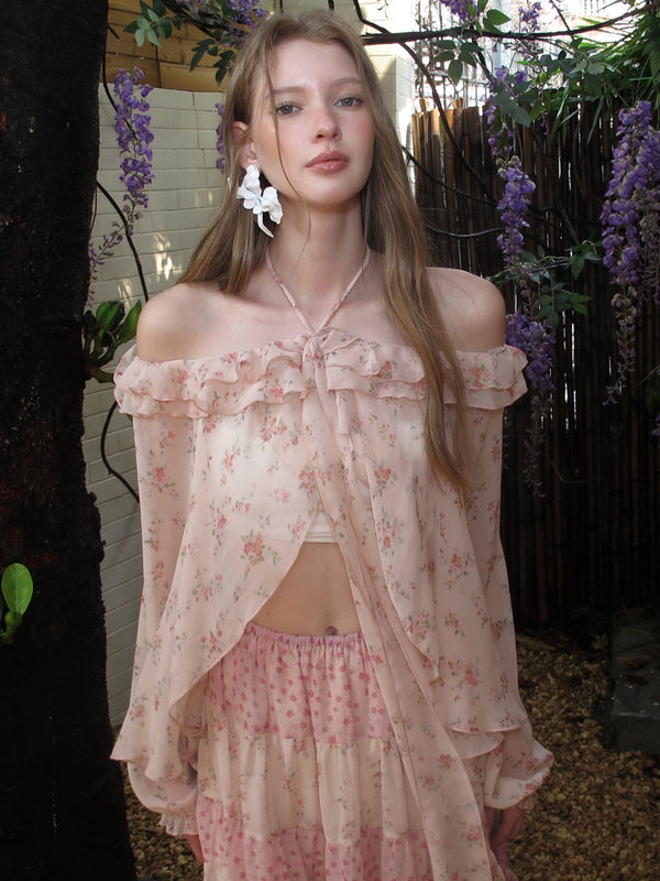 [NECY] Romance Floral Puff Chiffon Blouse