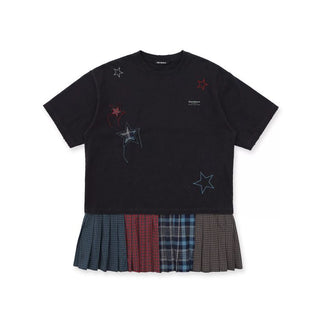 [Moromoro2] Star Patchwork Pleated Check  T-Shirt