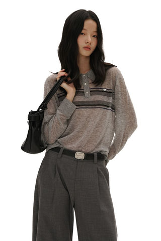 [moromoro2] Striped Polo Knit Top