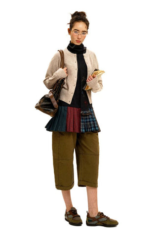 [Moromoro2] Star Patchwork Pleated Check  T-Shirt