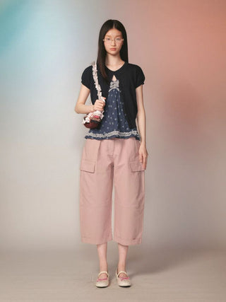 [Moromoro2] 3D Silhouette Belted Work Cropped  Pants