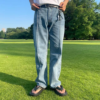 Straight-fit, center-creased denim pants