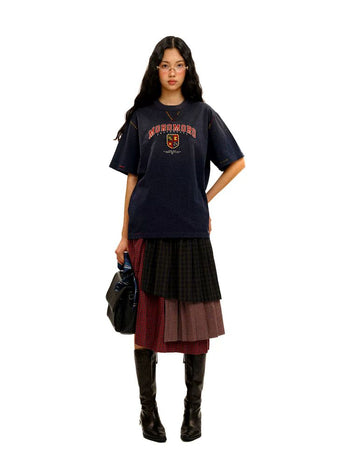 [Moromoro2] Layered Plaid Patchwork Midi  Skirt