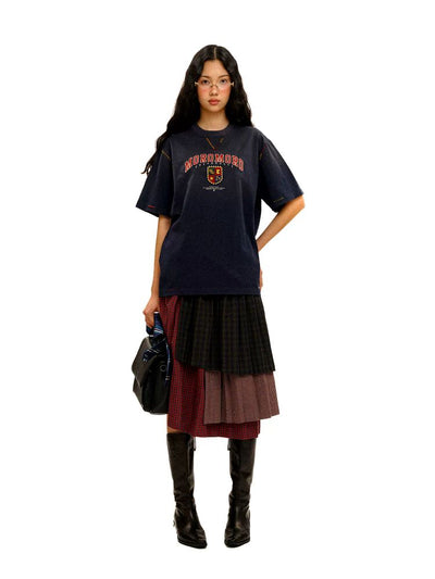 [Moromoro2] Layered Plaid Patchwork Midi  Skirt