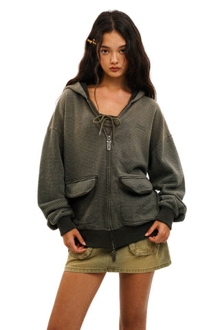 [Moromoro2] Contrast Striped Hooded Cardigan  Set