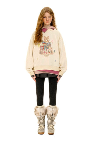 [Moromoro2] Bow Print Layered Hooded  Sweatshirt