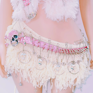 Fluffy rivet halter skull applique self tie mini skirt set