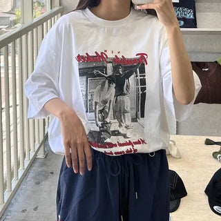 Loose-fitting photo print short-sleeved T-shirt