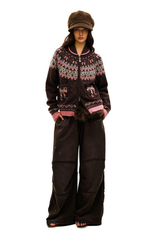 [Moromoro2] Fair Isle Bow Pocket Retro Collar  Cardigan