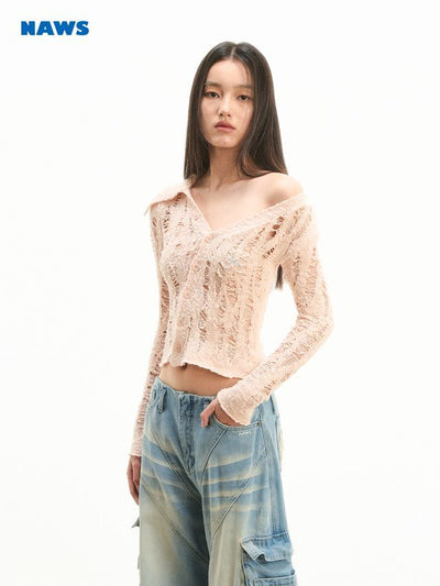 [NOTAWEAR] Asymmetric Off-shoulder Hollow  Cardigan