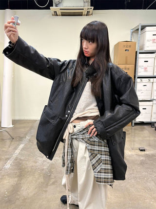 [NeverSeez] Padded PU Leather Trench Coat