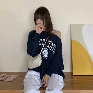 Lettering Off-Shoulder Long-Sleeve T-Shirt