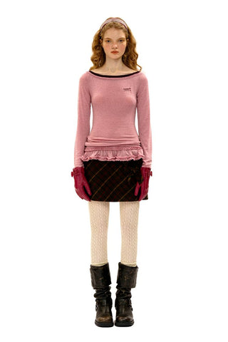 [Moromoro2] Off-Shoulder Ruffle Hem Long Sleeve  Top