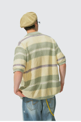 [Monterest] Open Knit Striped Short Sleeve Cardigan