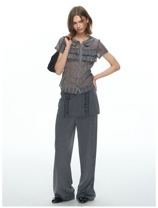 [NECY] Purple Grey Ruffle Plaid Shirt