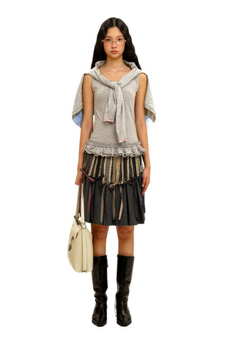 [Moromoro2] Lace Trim Plaid Patchwork Pleated  Skirt