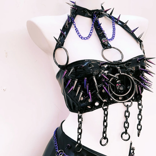 Slit o ring rivet applique PU leather mini skirt set