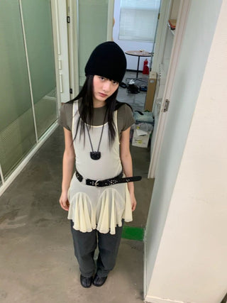[NeverSeez] Mesh Layered Pleated Vest Dress