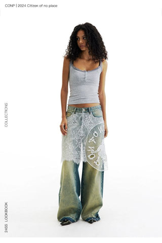CONP Lace spliced denim pants (blue)