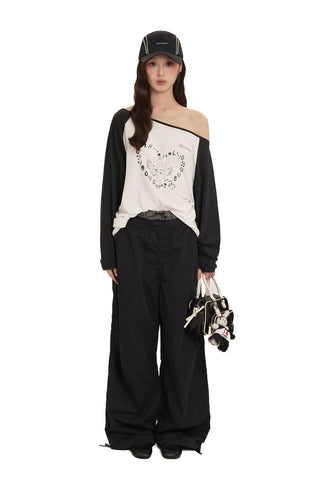 [Moromoro2] Y2K Bunny Print Wide Neckline Raglan  Tee