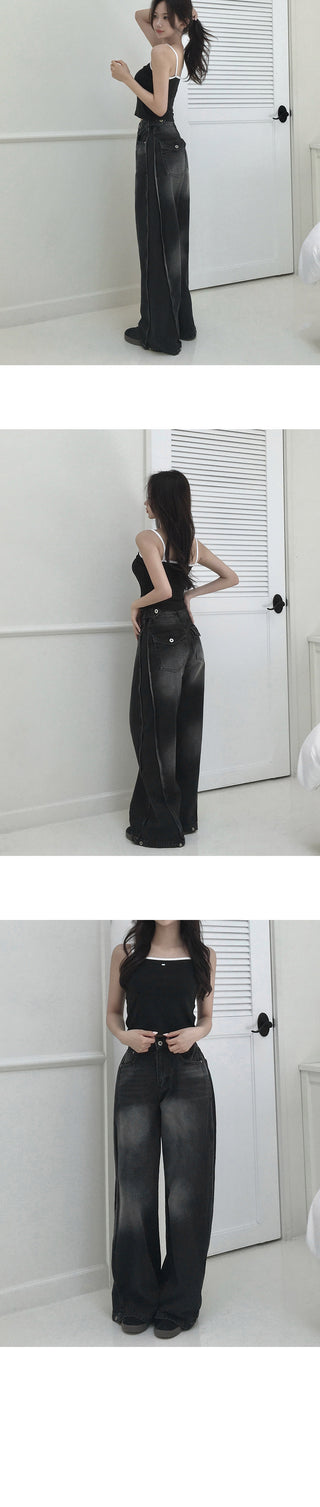 Washed wide-leg pants with side pleats