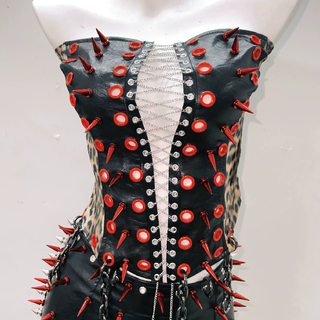 Lace up metal chain PU leather rivet applique mini skirt set