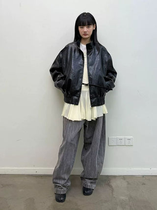 [NEVERSEEZ] Stand Collar Oversized PU Jacket