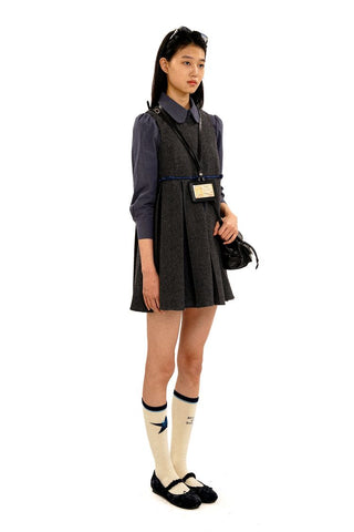 [Moromoro2] Layered Collegiate Pleated Vest  Dress