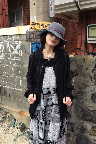 See-through net hooded cardigan