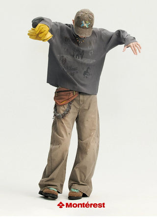 [Monterest] Waffle Weave Washed Print Long Sleeve Tee