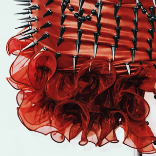 Halter o ring rivet applique ruffle PU leather top