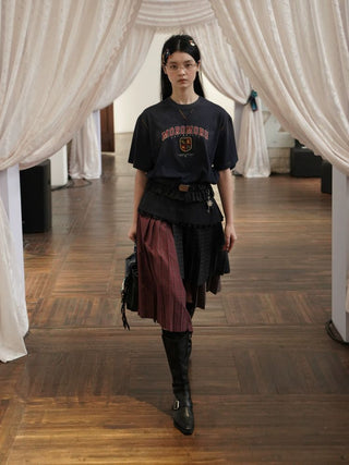 [Moromoro2] Layered Plaid Patchwork Midi  Skirt